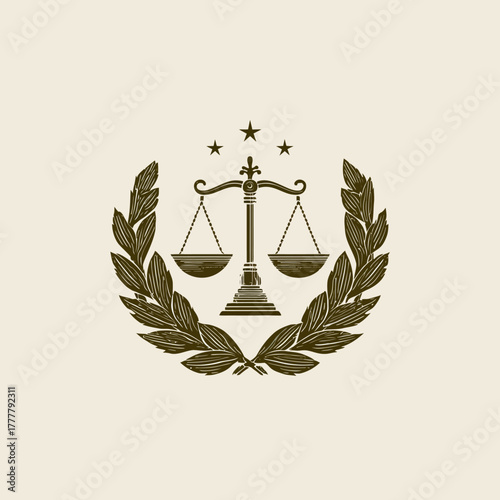 Classic Scales of Justice emblem with Laurel Wreath and Stars. Vintage style symbol for law, legal firm, court, fairness, and balance.