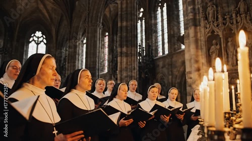 Nuns Choir Singing in Historic Church with Candlelight Ambiance