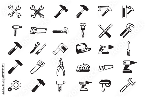 Collection of hand drawn tools for repair construction and carpentry