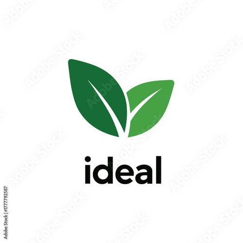 Modern abstract logo design with two green leaves, representing nature, ecology, organic growth, health, and sustainability concept