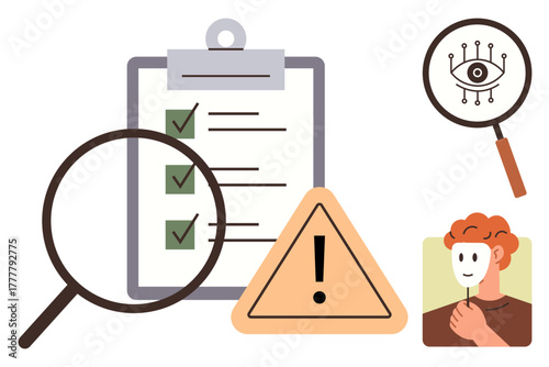 Magnifying glass on checklist, alert triangle, masked face, and biometric focus. Ideal for safety, compliance, fraud detection, security identity research and audit concepts. Simple flat metaphor