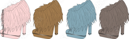 Fuzzy heel shoes with vibrant colors in a row for design and fashion concepts