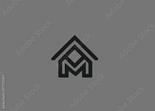 Modern minimalist geometric house symbol with abstract M-shape element. Clean line art home icon for real estate, property, or brand identity.