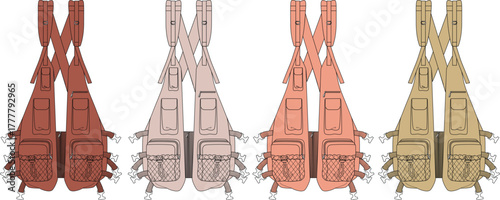 A versatile set of tactical chest rig illustrations in various earth-tone color palettes for military and recreational use