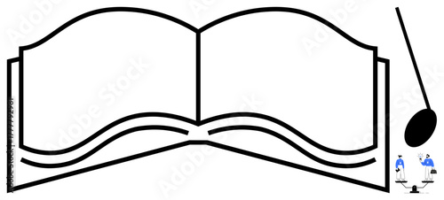 Large open book with a standing microphone and small figures speaking, symbolizing knowledge sharing, education, and public speaking. Ideal for learning, teaching, presentation, creativity