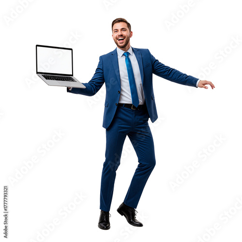 Excited businessman in a blue suit balancing with a laptop, looking away from the camera.