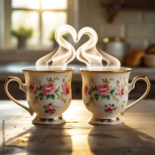 Heart Shaped Steam Rising from Two Floral Teacups coffee