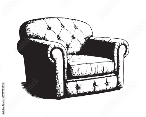 Elegant armchair illustration with detailed tufting and classic design elements