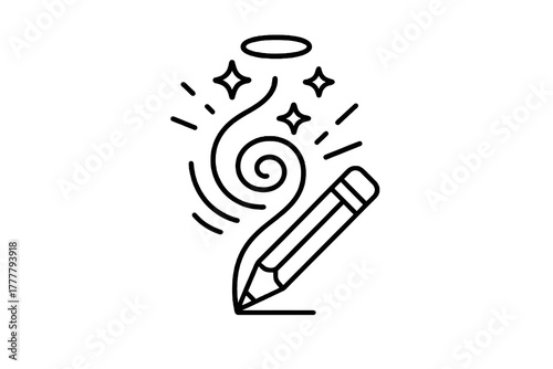 Black and white thin line vector icon of a pencil creating a spiral of stars, representing imagination, creativity, and the flow of artistic inspiration in design.