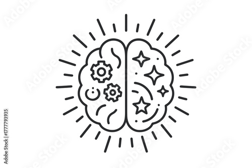 Black and white thin line vector icon of a brain with gears and stars, representing creativity, imagination, and the balance between logic and artistic innovation.