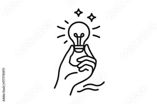 Black and white thin line vector icon of a hand holding a glowing bulb with stars, representing creativity, inspiration, and the act of bringing ideas to life through design.