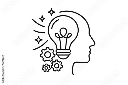Black and white thin line vector icon of a human profile with a light bulb and gears, representing creativity, imagination, and innovative design thinking for business or education visuals.