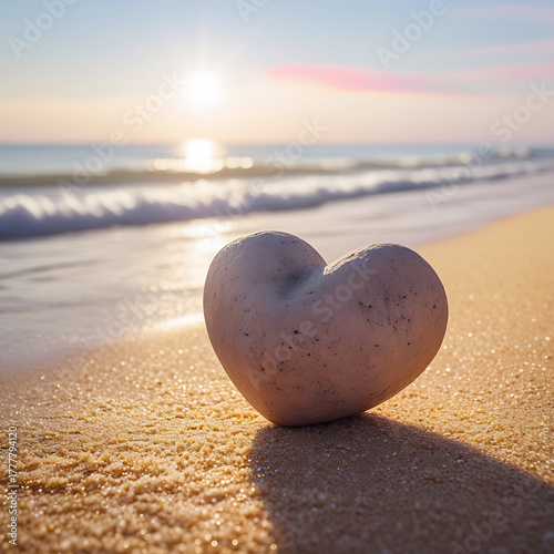 Heart shaped stone on beach with sunlit ocean and soft waves at sunrise rock sand