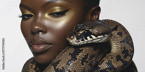 stunning portrait of a woman with a snakeskin boa and bold gold makeup