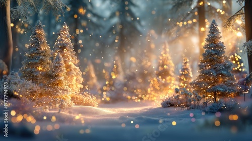 Magical fairy-tale winter forest with Christmas lights. Dreamy festive background for holiday designs and seasonal projects.