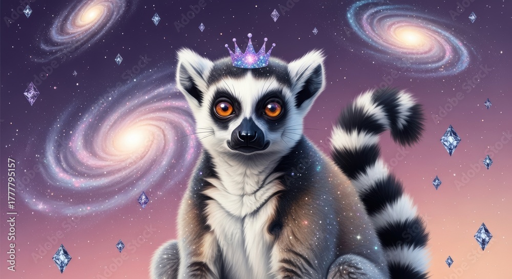 Obraz premium Lemur with a crown sitting against a cosmic background filled with galaxies and stars