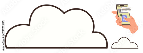 Cloud outline symbolizing storage, hand holding smartphone with messaging app. Ideal for technology, communication, cloud computing, file transfer, data storage, online backup, digital networks