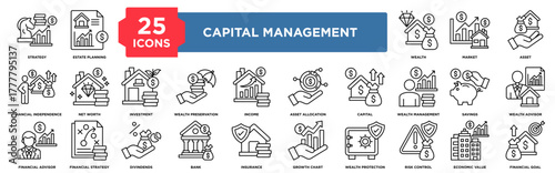 25 line icons about Capital Management including wealth management, estate planning, asset, savings, asset allocation, investment, capital, perfect for reports, presentations, and corporate projects.	