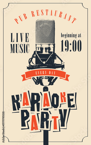 Vector music banner or karaoke poster with microphone and funny cartoon inscription karaoke party. Flyer, invitation. No used ai