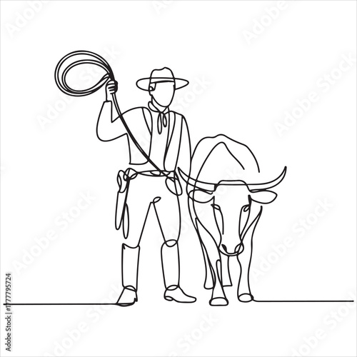 Continuous line drawing of a cowboy with a lasso standing beside a bull ready for action in the western countryside