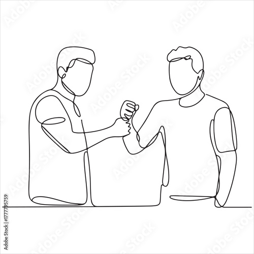 Two men arm wrestling in a line art illustration, representing competition, strength, and friendly rivalry