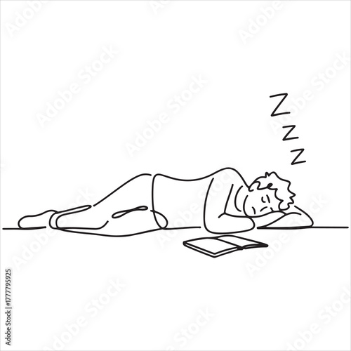 Sleepy Line Art Person Napping with Book, Dreamy Zzz's in Monoline Illustration Style