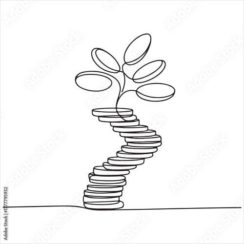 Continuous one line drawing of a money tree growing from a stack of coins. Financial growth investment concept