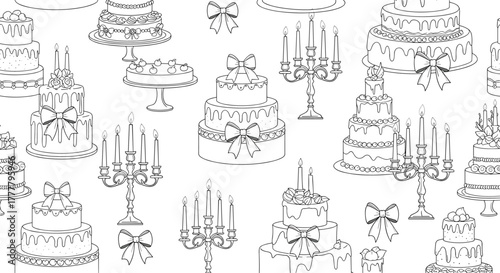 Elegant seamless pattern featuring detailed outline drawings of various celebration cakes, classic candelabras, and decorative bows.