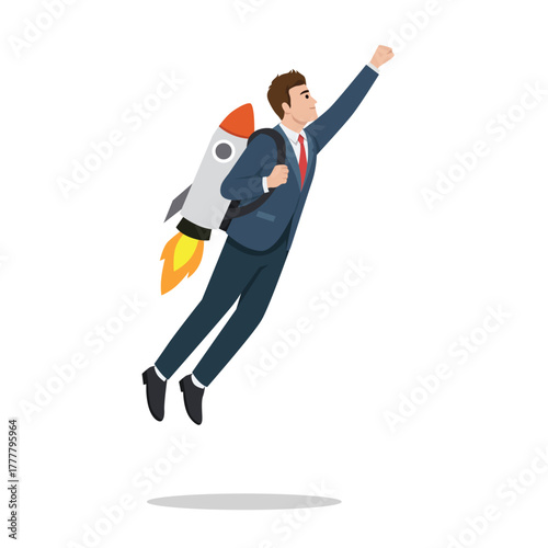 Businessman in a suit and tie is launched into the air by a rocket jetpack, rapid career advancement Flat vector illustration isolated on white background
