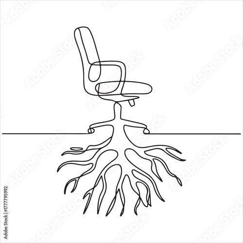 A continuous one-line drawing of an office chair with deep roots, symbolizing career stability and being grounded