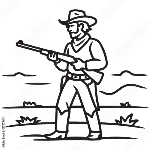 Cowboy Ready to Shoot with Rifle Illustration Depicting a Western Figure with Weapon in Hand, Outdoor Scene
