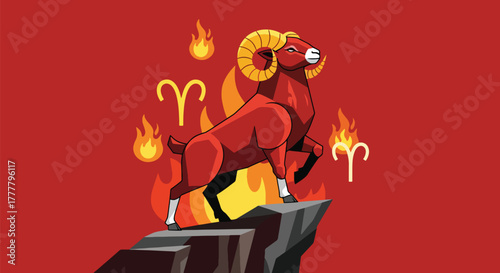 Flat vector of Aries ram on cliff with bold fire energy, representing courage, action, and leadership. Strong shapes, solid vivid colors, no gradients