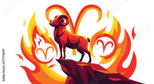 Flat vector of Aries ram on cliff with bold fire energy, representing courage, action, and leadership. Strong shapes, solid vivid colors, no gradients