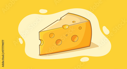 A vibrant cartoon illustration of a triangular slice of yellow cheese with characteristic holes, set against a cheerful yellow background with abstract shapes.