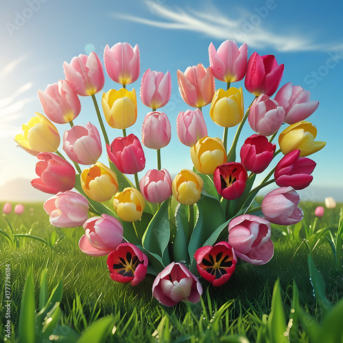 Heart Shaped Tulip Display with Open Blooms on Green Field tulips floral