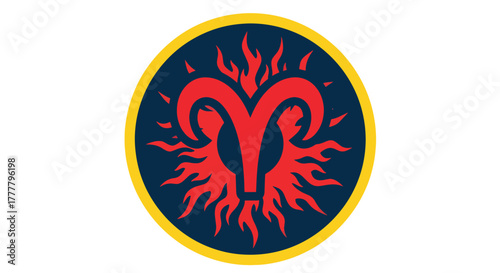 Minimal flat Aries zodiac badge with flame strokes radiating outward, symbolizing fire energy and passion. Solid vivid colors, no gradients