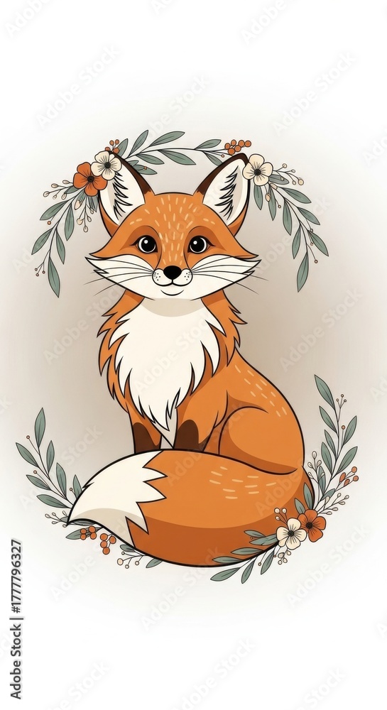 Obraz premium Cute fox sitting among flowers in a warm, artistic illustration with a playful and friendly expression