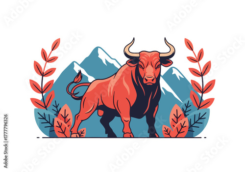 Flat vector of Taurus bull with mountain and leaf symbols representing earth, stability, and determination. Solid natural colors, clean shapes