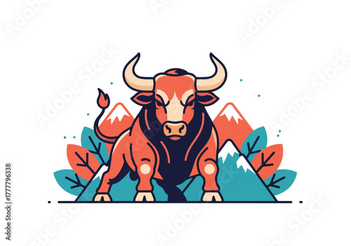 Flat vector of Taurus bull with mountain and leaf symbols representing earth, stability, and determination. Solid natural colors, clean shapes