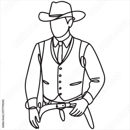 One-Line Drawing of a Cowboy in Traditional Attire with Hat and Holster Belt