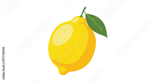 A vibrant yellow lemon with a green leaf and stem, illustrated in a simple, fresh style against a clean white background.