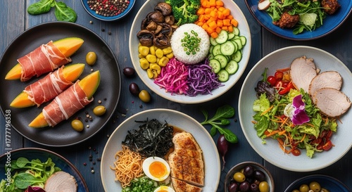 Wallpaper Mural Fresh and colorful healthy food spread featuring various dishes and vibrant ingredients on a wooden table Torontodigital.ca