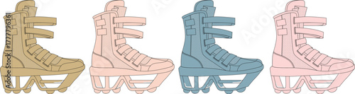 Four pairs of tactical boots in different colors arranged side-by-side