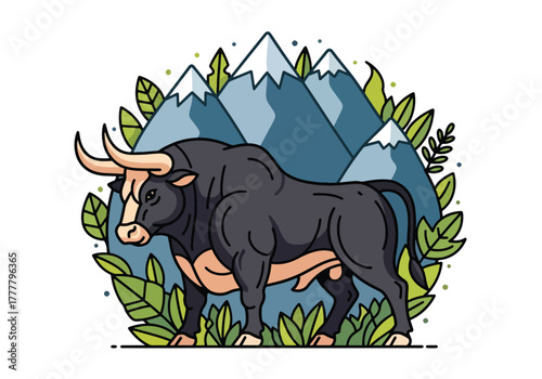 Flat vector of Taurus bull with mountain and leaf symbols representing earth, stability, and determination. Solid natural colors, clean shapes