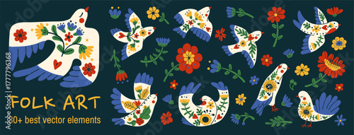 Scandinavian folk art set with spring floral pattern love birds and animals.