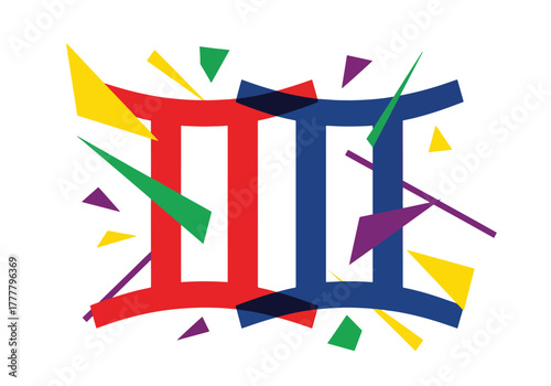 Flat split-color Gemini symbol badge representing dual energies and versatility. Solid bold color blocks, clean icon style