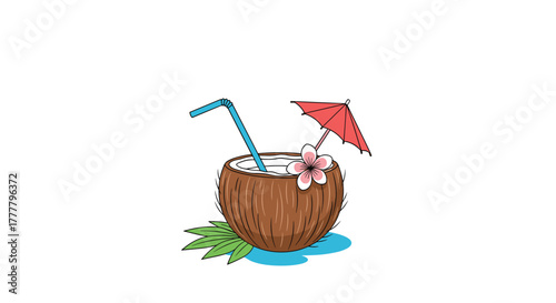 A refreshing tropical coconut drink with a blue straw, pink flower, and red umbrella, surrounded by green leaves, perfect for a summer vacation.