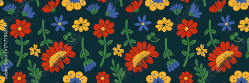 Scandinavian seamless floral pattern with retro spring flowers