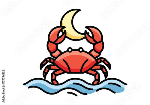 Flat vector of Cancer crab holding crescent moon with soft water shapes, expressing emotion, intuition, and nurturing energy