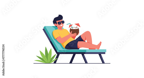 Relaxed man in sunglasses sitting on a beach lounge chair, holding a coconut drink, symbolizing summer and leisure.